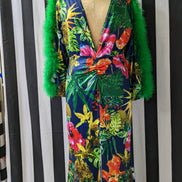 Faux Fur Feather Trim Sleeve Floral Maxie Dress