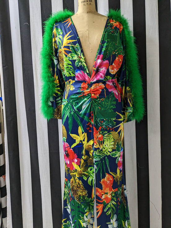 Faux Fur Feather Trim Sleeve Floral Maxie Dress