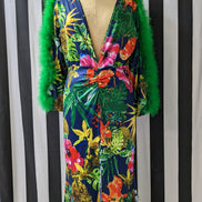 Faux Fur Feather Trim Sleeve Floral Maxie Dress