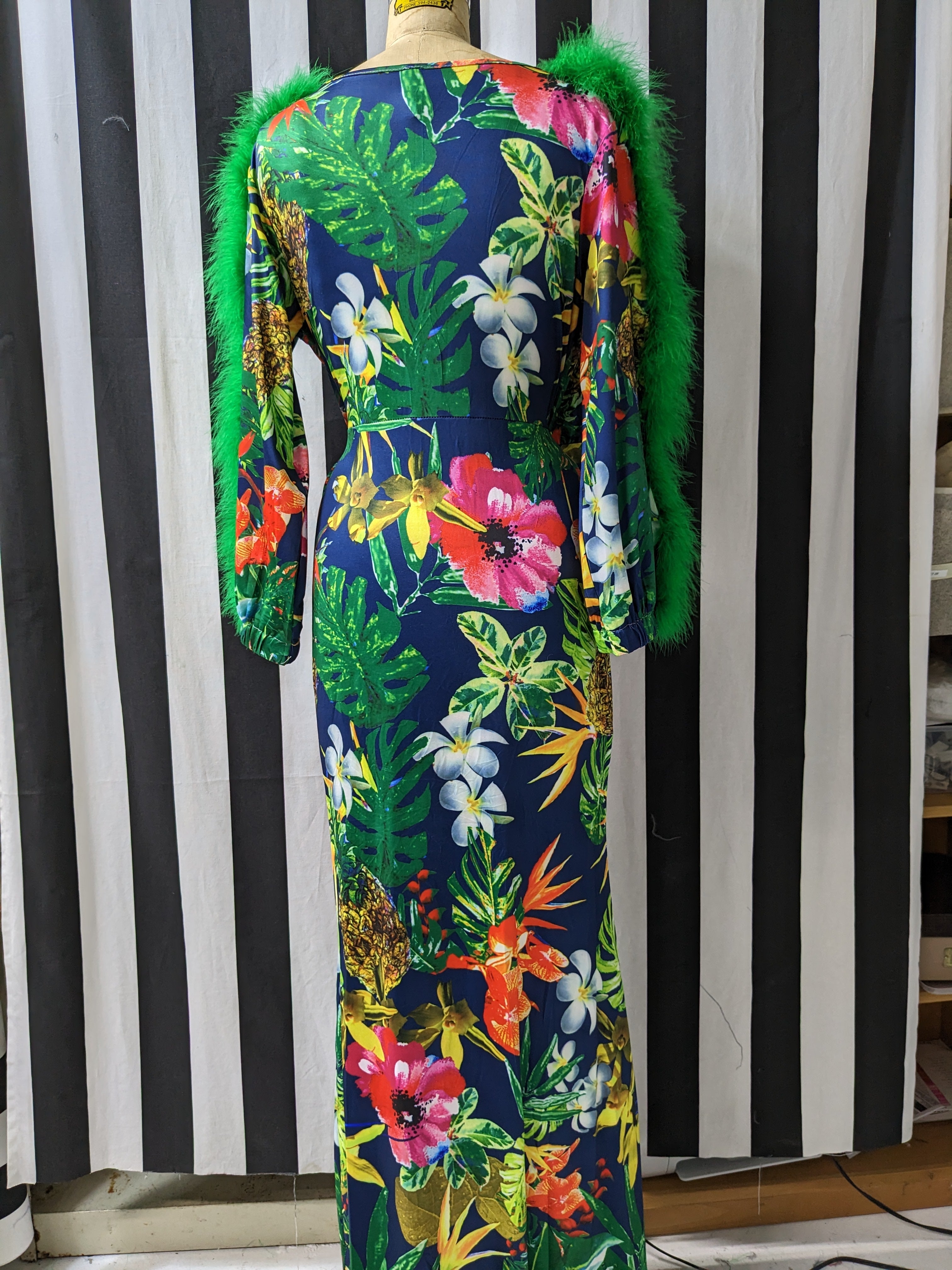Faux Fur Feather Trim Sleeve Floral Maxie Dress