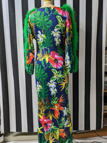 Faux Fur Feather Trim Sleeve Floral Maxie Dress