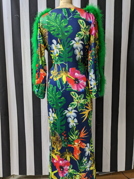 Faux Fur Feather Trim Sleeve Floral Maxie Dress