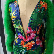 Faux Fur Feather Trim Sleeve Floral Maxie Dress