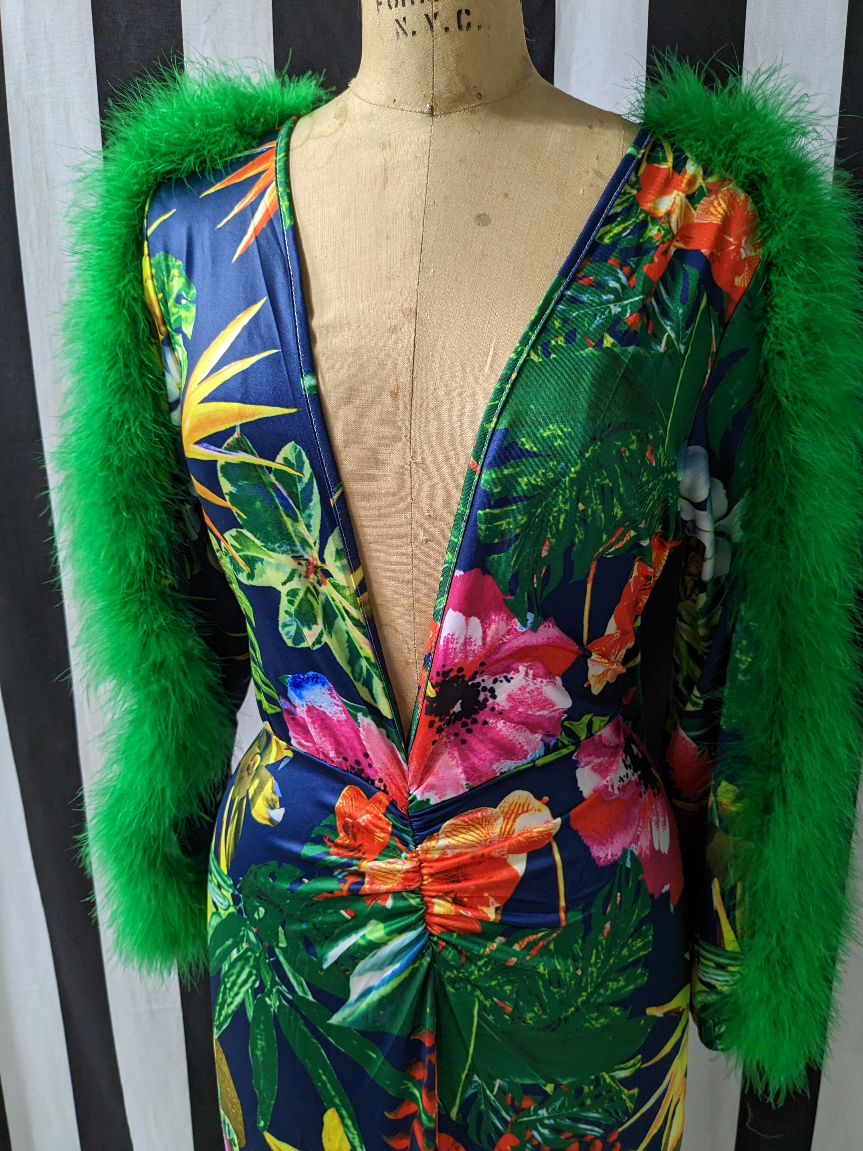 Faux Fur Feather Trim Sleeve Floral Maxie Dress