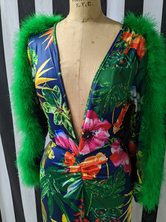 Faux Fur Feather Trim Sleeve Floral Maxie Dress