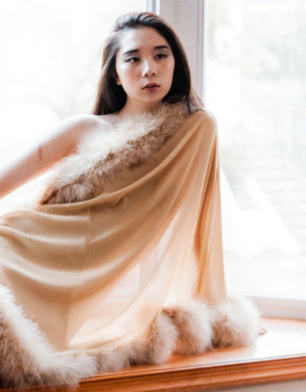 Feather Trimmed Chiffon Evening Shawl