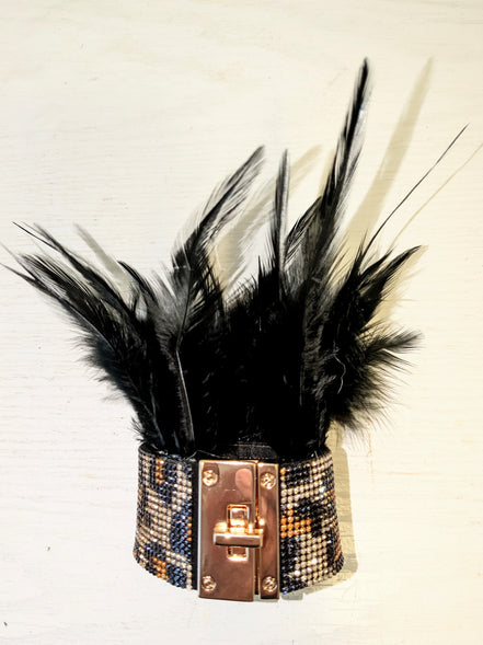 Feather and Crystal Lock Cuff Bracelet