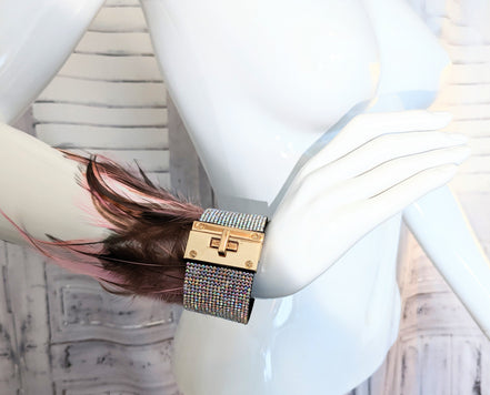 Feather and Crystal Lock Cuff Bracelet